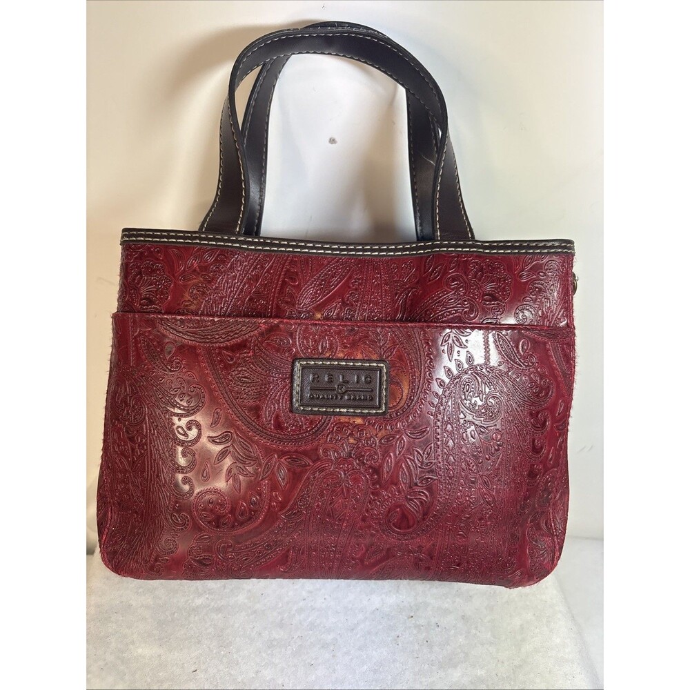 Relic Red Paisley Embossed Faux Leather Satchel Purse Brown Trim